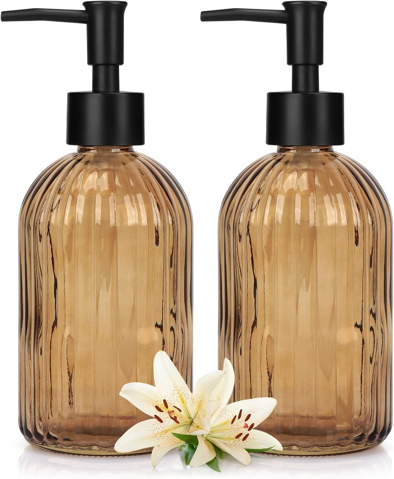 Ulable Glass Soap Dispenser with Plastic Pump, Hand Soap Dispenser for Hand Wash, Lotion Dispenser for Dishwashing Liquid, Lotion Shower Gel (Striped Brown) - Image 1
